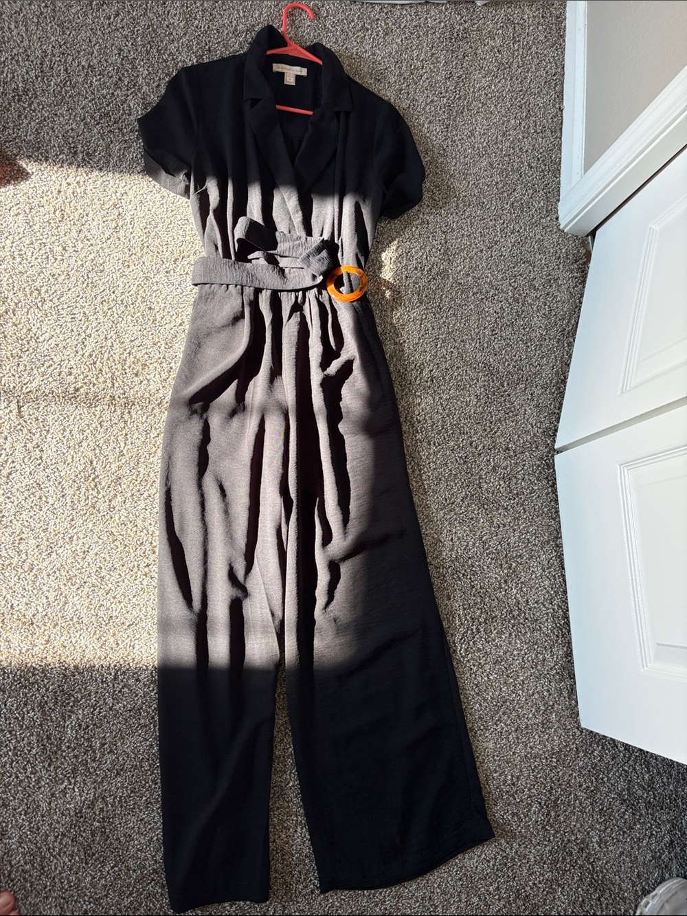 Monteau Black Short-Sleeve Wide-Leg Jumpsuit with Belt and Buckle Detail